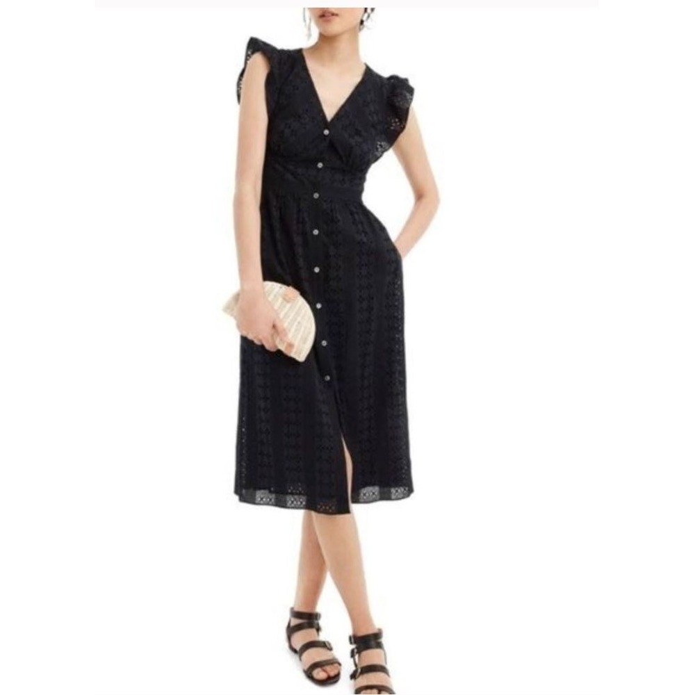 J CREW Eyelet Ruffle Sleeve Midi Dress Fitted Button Front V Neck Black Sz 6